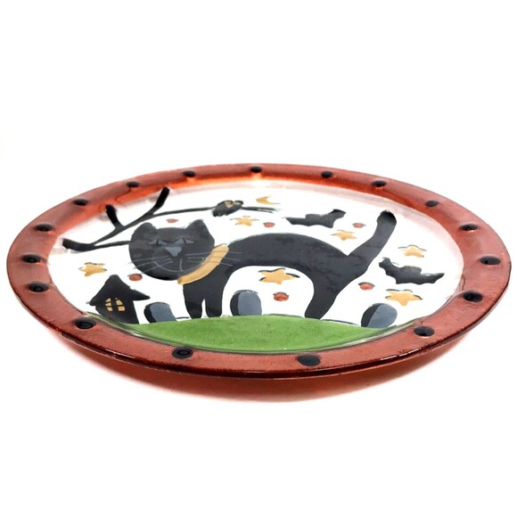 Large Halloween Black Cat Glass Platter Plate Artist Fused Painted Glass 14" EUC - Picture 2 of 10